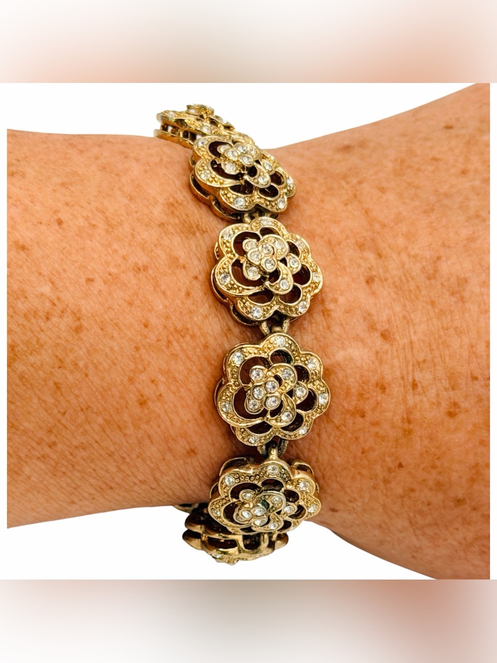 Nolan Miller Gold Tone Floral Crystal Tennis Bracelet Formal Bridal Feminine